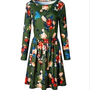 Zesica Olive Green Dress, Floral Print, Long Sleeve, Mid-lenght. Size M